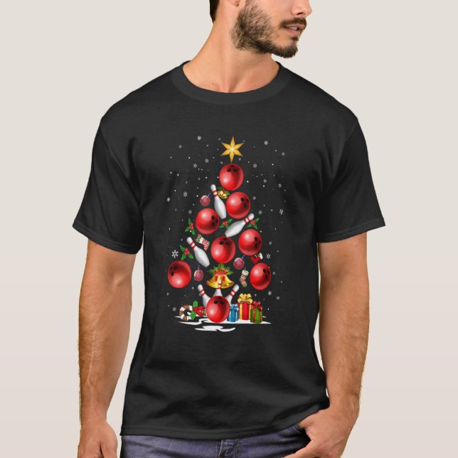 Bowling Christmas Tree Light Xmas T Shirt (Framsida)