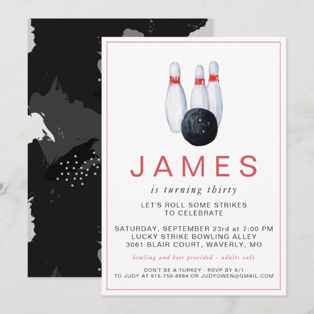 Bowling Födelsedagsfest inbjudan (Fram/baksida)