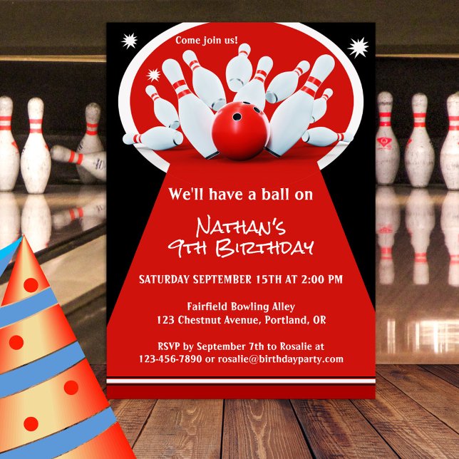 Bowling Födelsedagsfest inbjudan (A birthday party invitation featuring a bowling scene in a minimalist sportive red, black and white )