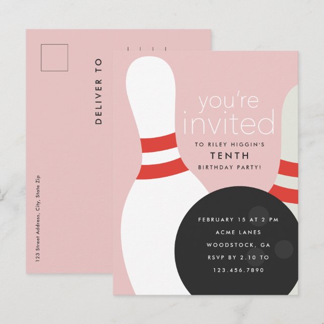 Bowling Födelsedagsfest Inbjudan Vykort (Fram/baksida)