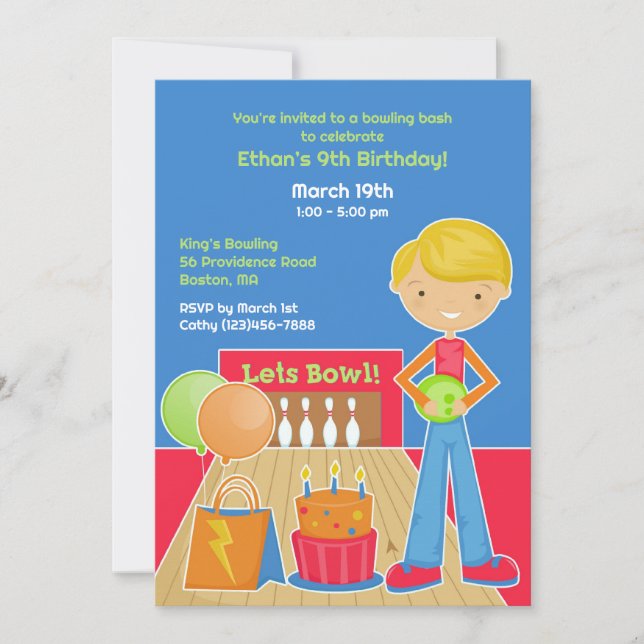Bowling Födelsedagsfest Platt Inbjudan (Framsida)