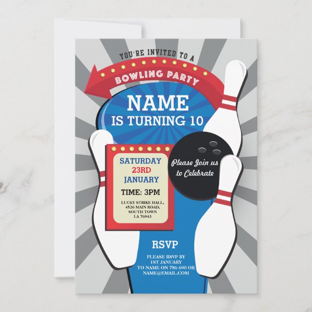 Bowling Födelsedagsfest Tenpin Boys Girls Inbjudan (Framsida)