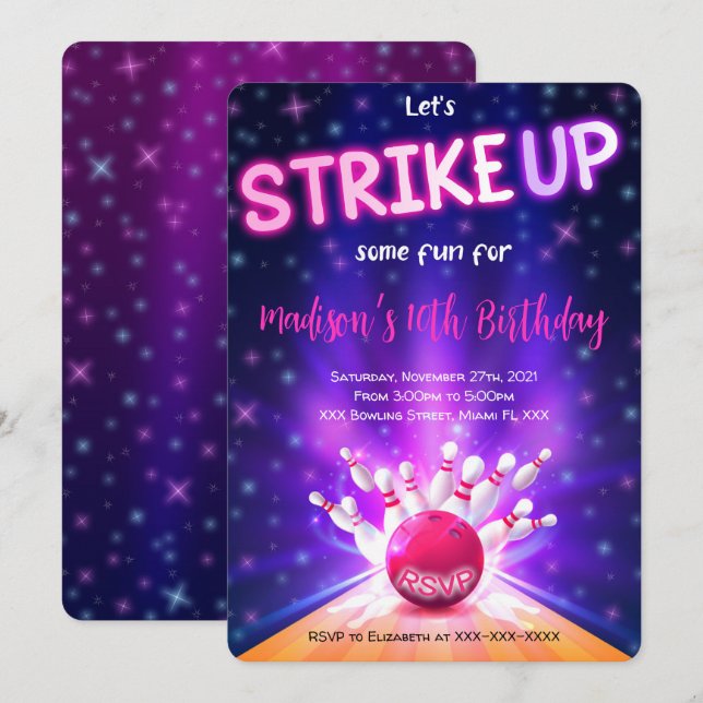 Bowling Födelsedagsinbjudning Inbjudningar (Fram/baksida)