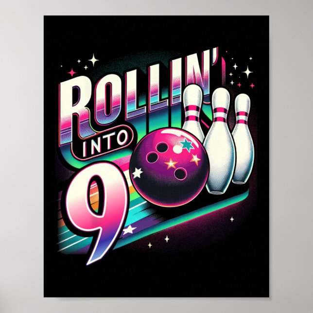 Bowling Födelsedagsrullning In I 9 Fests 9-års Föd Poster (Framsidan)