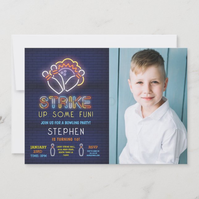 Bowling Inbjudan Födelsedagsfest Neon Photo Strejk (Framsida)