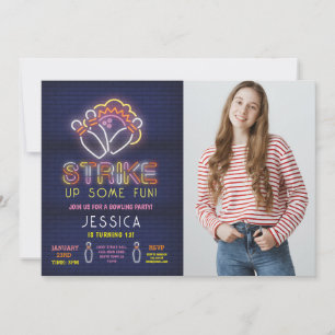 Bowling Inbjudan Födelsedagsfest Neon Photo Strejk