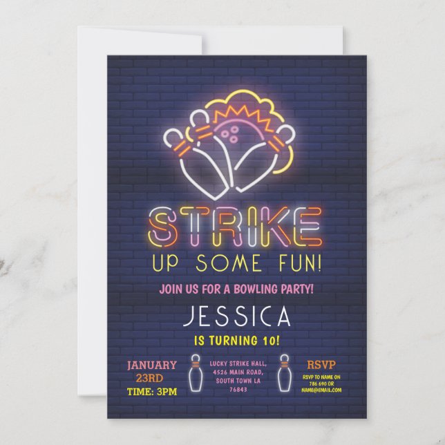 Bowling Inbjudan Födelsedagsfest Neon Rosa Strejka (Framsida)