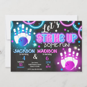 Bowling Inbjudan Glow Neon Gemensam Födelsedag