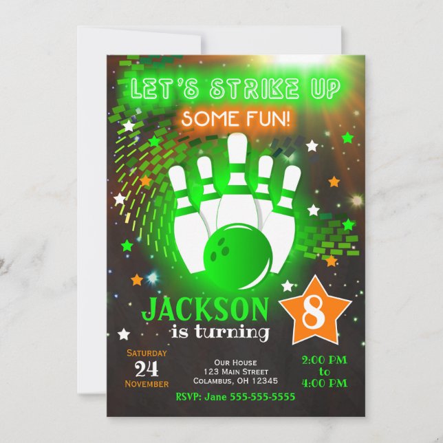 Bowling Invitation Glow Neon Boy Bowling Birthday Inbjudningar (Framsida)