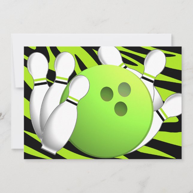 Bowling Neon Grönt och Zebra Inbjudningar (Framsida)