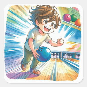 Bowling Party Boy's Anime Birthday Välkommen Fyrkantigt Klistermärke