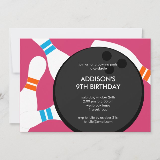 Bowling Party Födelsedagsfest inbjudan - Rosa (Framsida)
