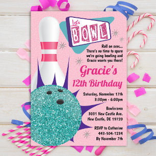 Bowling Party Retro Rosa & Teal Tenpin Inbjudningar