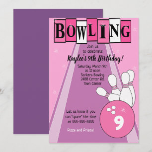 Bowling Party Rosa Girls Birthday Inbjudningar