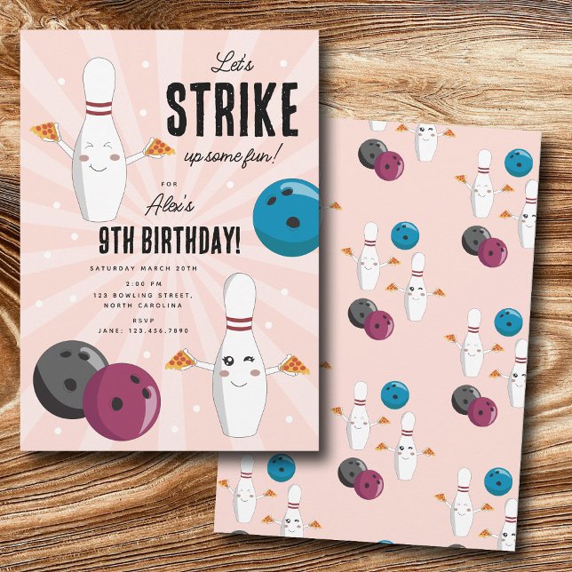 Bowling Pizza Strejka uppåt någon Roligt Barns föd Inbjudningar (Bowling Pizza Strike Up Some Fun Kids Birthday Invitation)