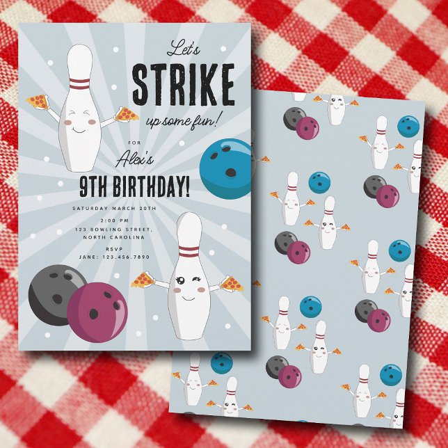 Bowling Pizza Strejka uppåt någon Roligt Barns föd Inbjudningar (Bowling Pizza Strike Up Some Fun Kids Birthday Invitation)