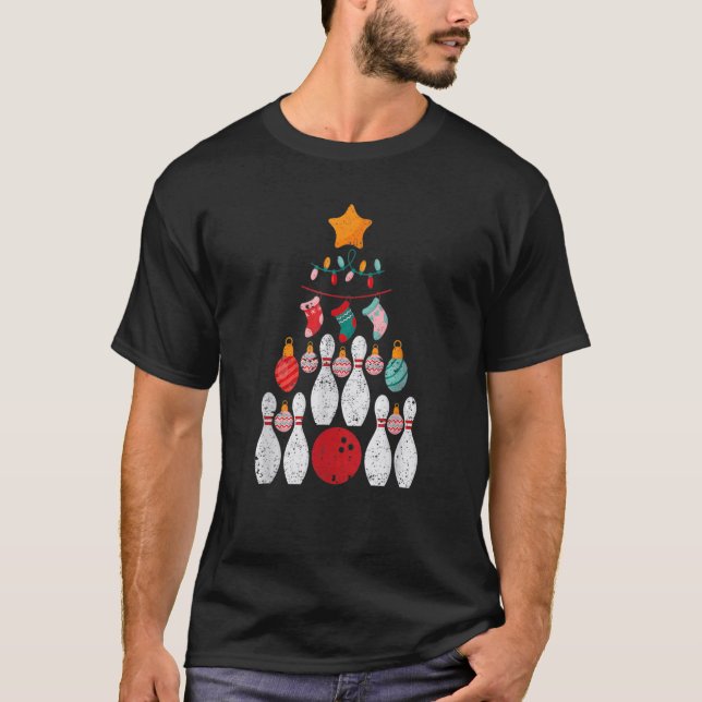 Bowling Player Christmas Tree Lights Xmas Ball Bow T Shirt (Framsida)