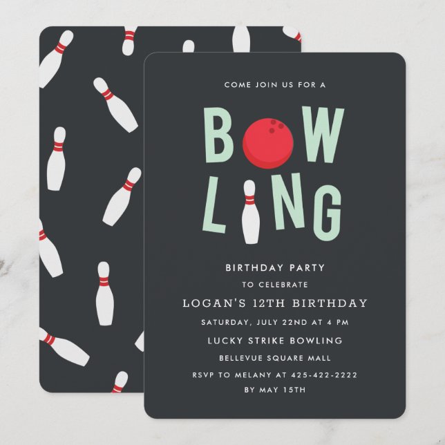 Bowling Roligt Barn födelsedagsfest inbjudan (Fram/baksida)