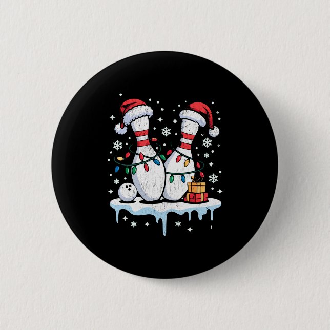 Bowling Santa Hatt Roligt Jul Långärmad  Knapp (Framsida)