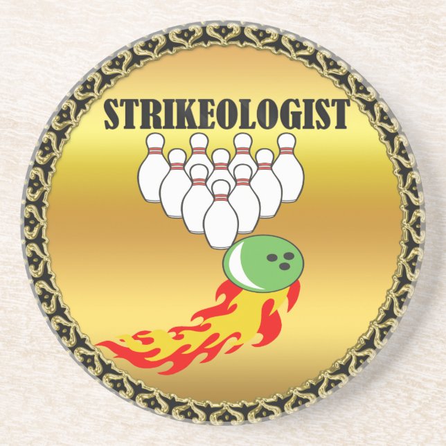 Bowling stift och boll med ord STRIKEOLOGIST Underlägg Sandsten (Framsidan)