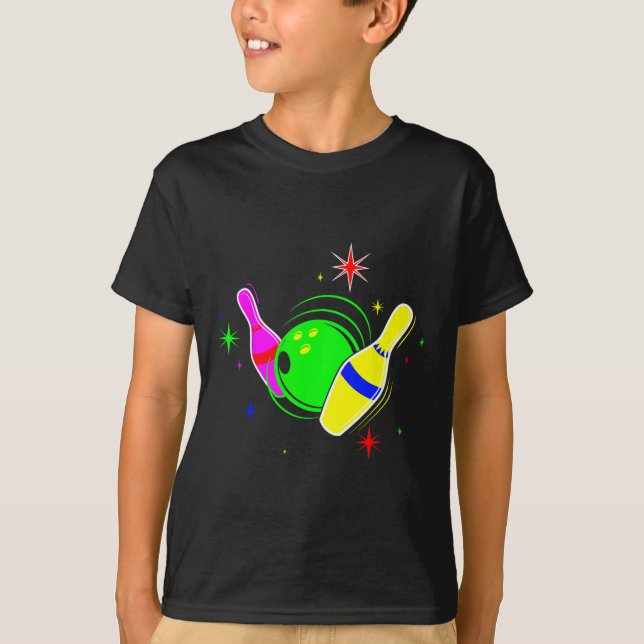 Bowling T Shirt 80s Retro Neon Sign Strejka Bowlin (Framsida)