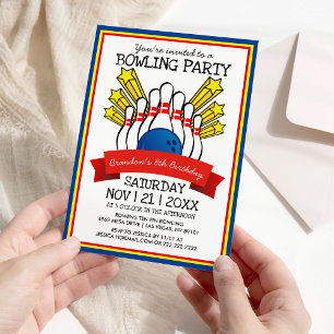Bowlingfest Färgglad barnkalas Inbjudningar