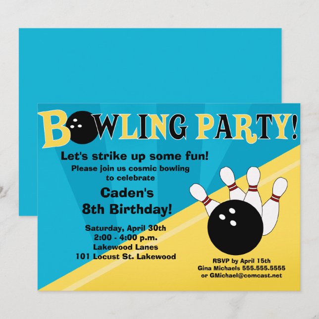 Bowlingfestinladning - Blå och Gul Inbjudningar (Fram/baksida)