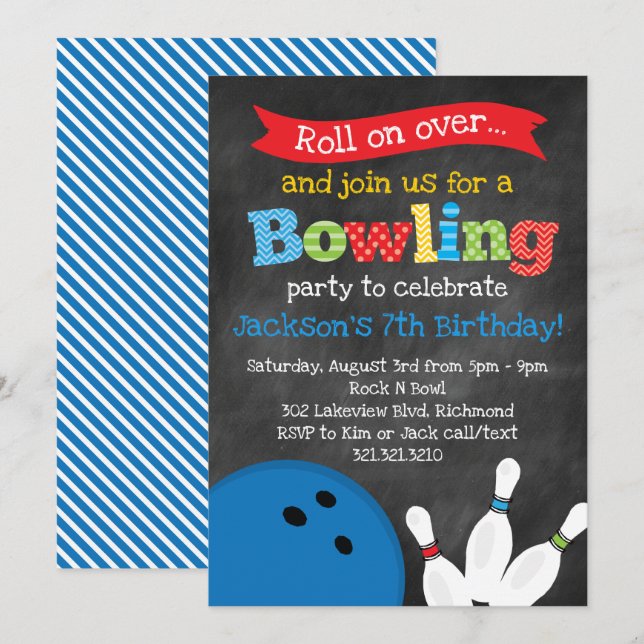 Bowlingfödelsedagsfest - svart tavla inbjudningar (Fram/baksida)