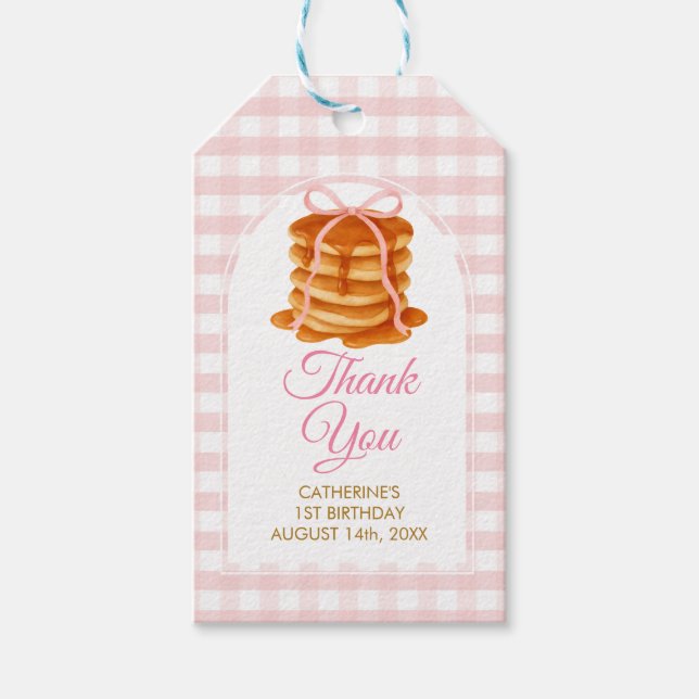 Bows and Brunch Pancake Pink 1st Birthday Gingham Presentetikett (Framsidan)