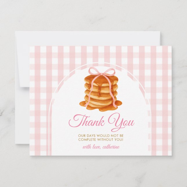 Bows and Brunch Pancake Pink 1st Birthday Gingham Tack Kort (Framsida)