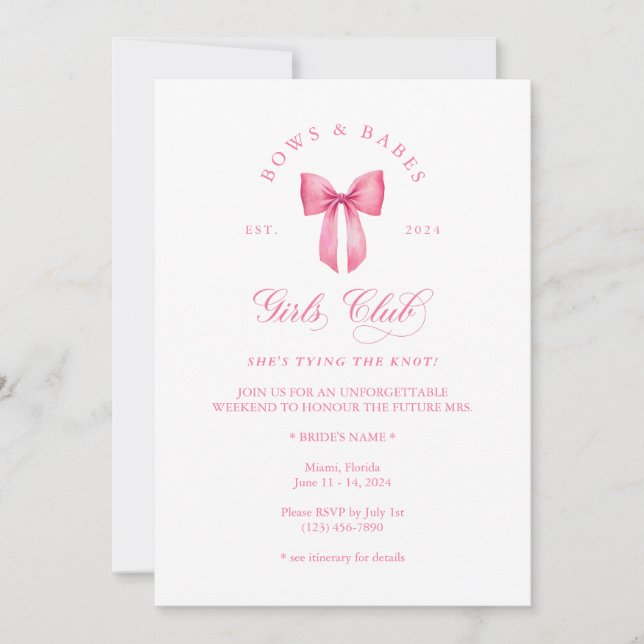 Bows & Babes Girls Klubb bachelorette-inbjudan Inbjudningar (Framsida)