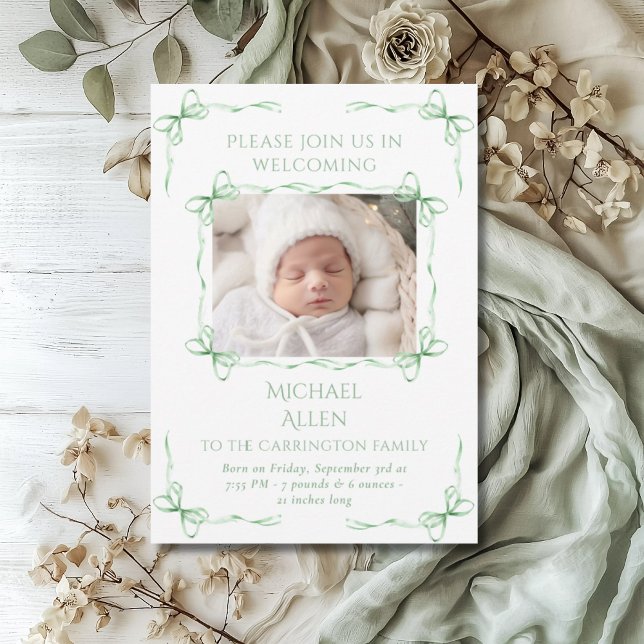 Bows Baby Grönt Photo Birth Announcement Card Meddelande (Skapare uppladdad)