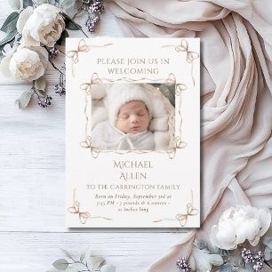 Bows Baby Neutralt Photo Birth Announcement Card Meddelande