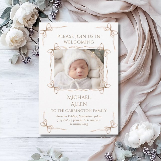 Bows Baby Neutralt Photo Birth Announcement Card Meddelande (Skapare uppladdad)