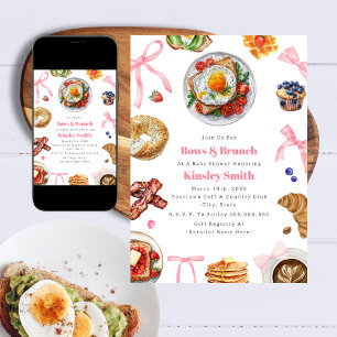 Bows + Brunch Girl Rosa Baby Shower Breakfast Inbjudningar