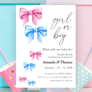 Bows Gender Reveal, Girl eller Boy Inbjudningar