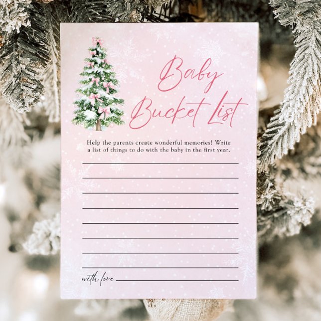 Bows Jul Baby Bucket List Baby Shower Game Inbjudningar (Pink Bows Christmas Baby Bucket List Baby Shower Game)
