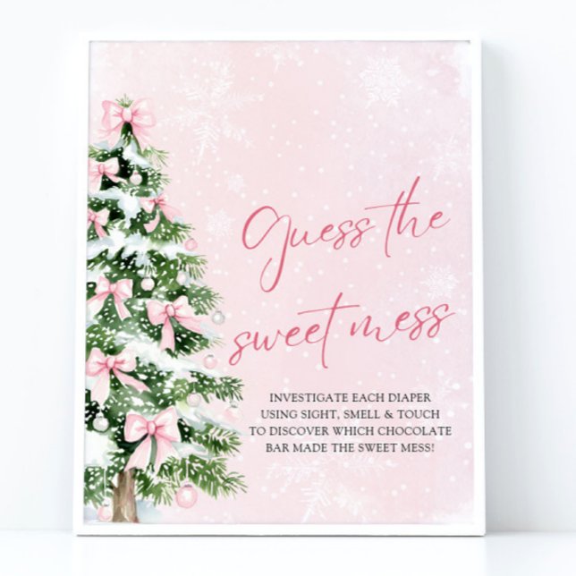 Bows Jul Baby Shower gissar  Poster (Pink Bows Christmas Baby Shower Guess the Sweet Mess Sign)