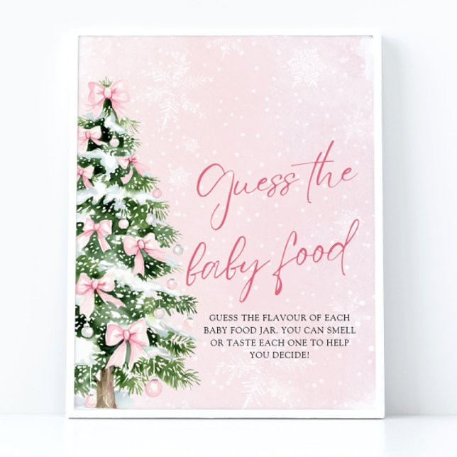 Bows Jul Gissa Baby Food Baby Shower Poster (Pink Bows Christmas Guess the Baby Food Baby Shower Sign)