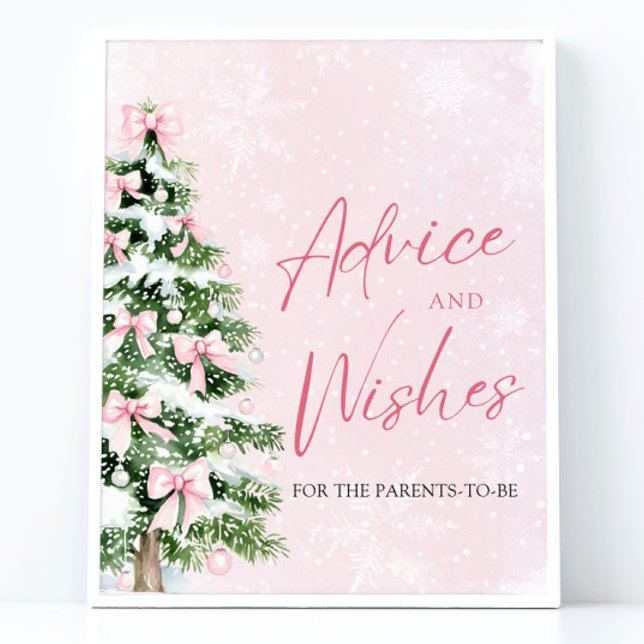 Bows Julgran Baby Shower Advice och Önskemål Poster (Winter Pink Bows Christmas Tree Baby Shower Advice and Wishes Pedestal Sign)