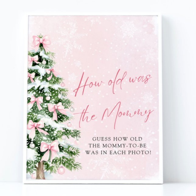 Bows Julgran hur gammal Mamma var spelsignatur Poster (Pink Bows Christmas Tree How Old Was Mommy Game Sign)