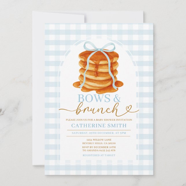Bows och Brunch Pancake Blue Baby Shower Gingham Inbjudningar (Framsida)