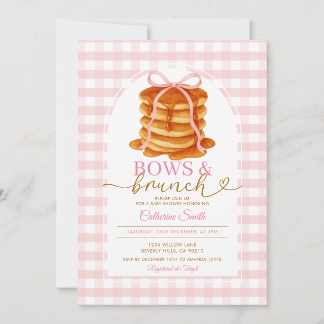 Bows och Brunch Pancake Blue Baby Shower Gingham Inbjudningar (Framsida)
