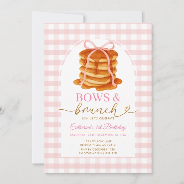 Bows och Brunch Pancake Rosa 1:a födelsedagen Ging Inbjudningar (Framsida)