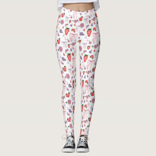 Bows, Ro och jordgubbar Coquette Mönster Leggings