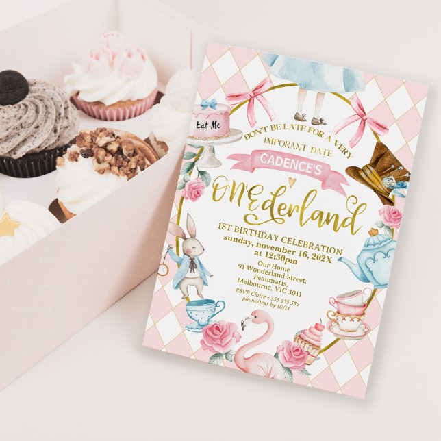 Bows Rosa Alice Onederland 1:a födelsedagsinbjudan Inbjudningar (Alice In Onederland 1st Birthday Invitation Pink Diamond Pattern, Onederland Birthday Pink Bows )