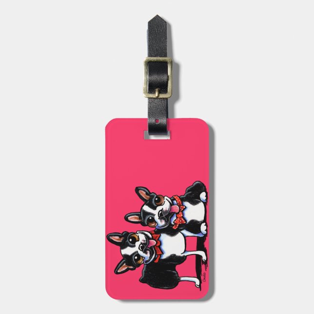 Bowtie Boston Terriers Off-Leash Art™ Bagagebricka (Vertikal Framsida)