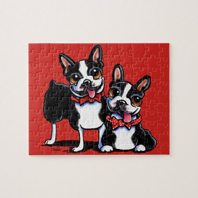 Bowtie Boston Terriers Off-Leash Art™ Pussel (Horisontell)
