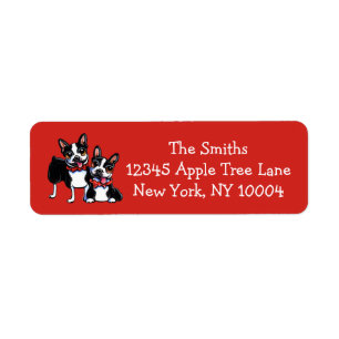 Bowtie Boston Terriers Off-Leash Art™ Red Returadress Etikett
