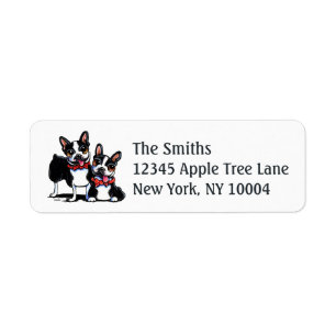 Bowtie Boston Terriers Off-Leash Art™ Returadress Etikett